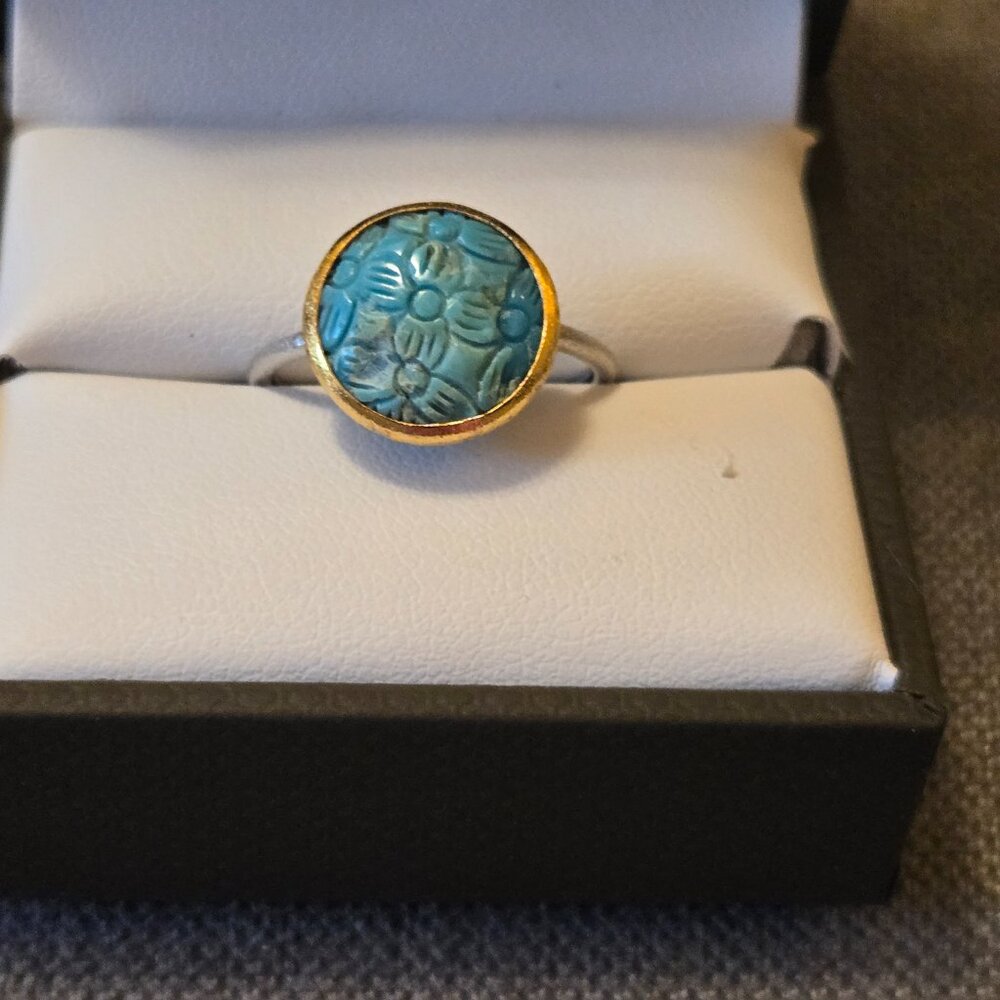 Nina Nguyen Designs carved turquoise ring, size 7, gold over silver, orig $220